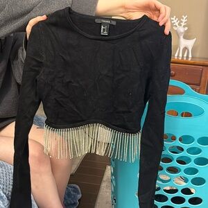 Black long sleeve crop top silver tassels